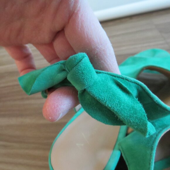 ANTHROPOLOGIE Bow Back Wooden Wedge Peeptoe Sandals in Kelly Green - Size US 10 - Picture 13 of 15